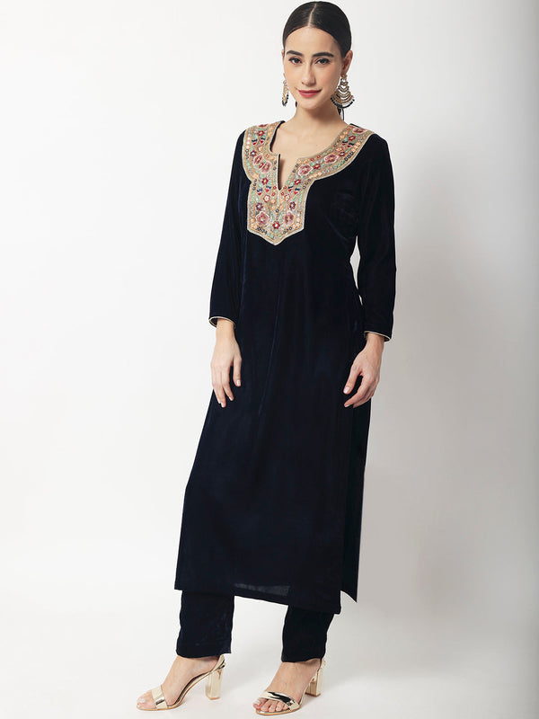 Women's Navy Blue Sapphire Velvet Kurti With Straight Pants - Anokherang