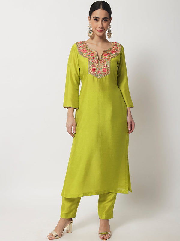 Women's Lime Green Floral Embroidered Kurti With Straight Pants - Anokherang