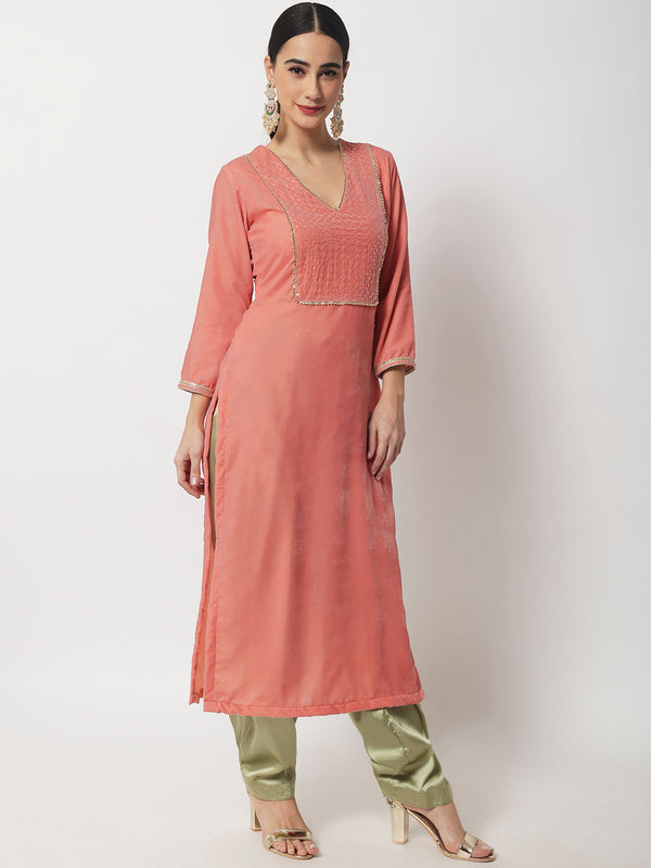 Women's Charming Pink Velvet Kurti With Green Satin Salwar - Anokherang