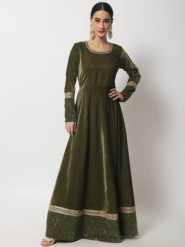 Women's Olive Green Shine Velvet Floorlength - Anokherang