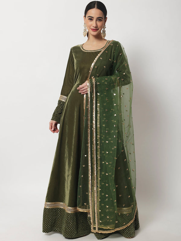 Women's Olive Green Shine Velvet Floorlength With Net Sequin Dupatta - Anokherang