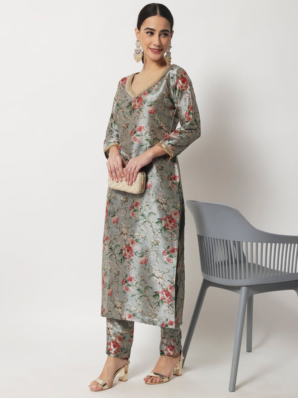 Women's Blue Gray Floral Printed Kurti With Straight Pants - Anokherang