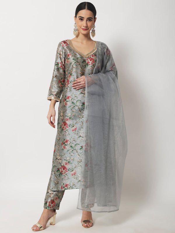 Women's Blue Gray Floral Printed Kurti With Straight Pants And Organza Dupatta - Anokherang