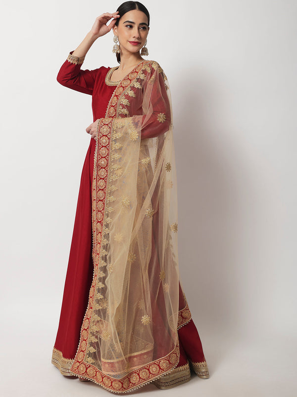 Women's Bridal Maroon Beauty Silk Floorlength With Embroidered Dupatta - Anokherang