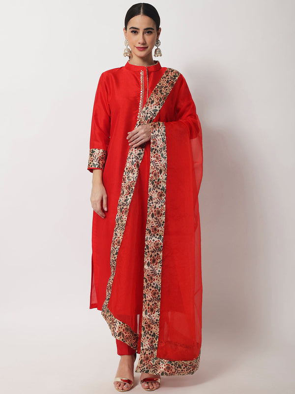 Women's Charming Red Silk Kurti With Straight Pants And Organza Dupatta - Anokherang