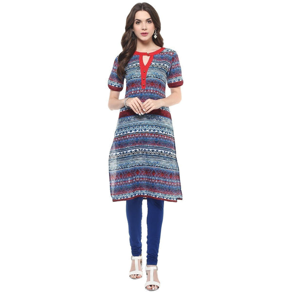 Women's Navy V-Cut Buttoned Kurti - Pannkh