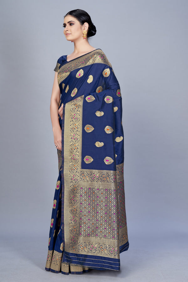 Women's Navy Blue Color Banarasi silk Woven Saree - Monjolika