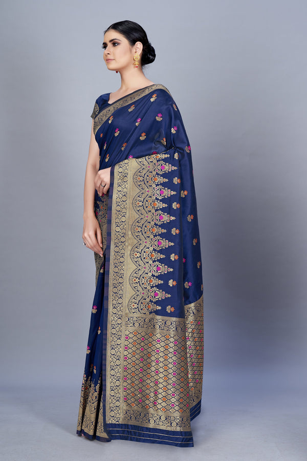 Women's Navy Blue Color Banarasi silk Woven Saree - Monjolika