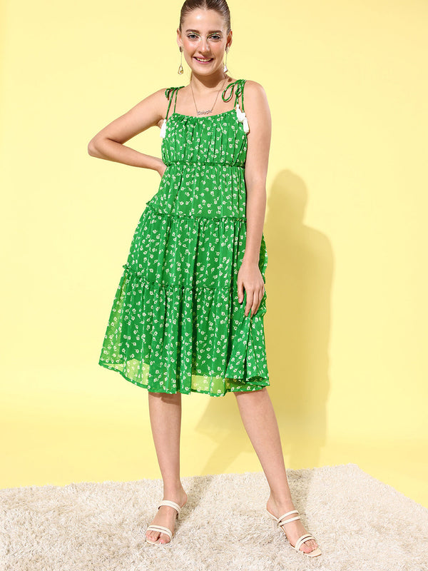 Women's Floral Tier Midi Dress with String Tie Ups- Green - StyleStone