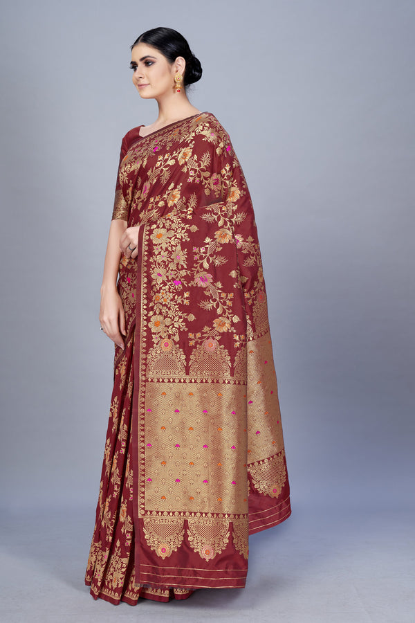 Women's Maroon Color Banarasi silk Woven Saree - Monjolika