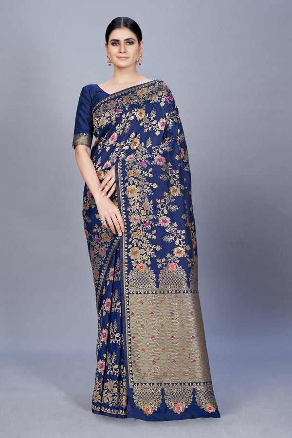 Women's Navy Blue Color Banarasi silk Woven Saree - Monjolika