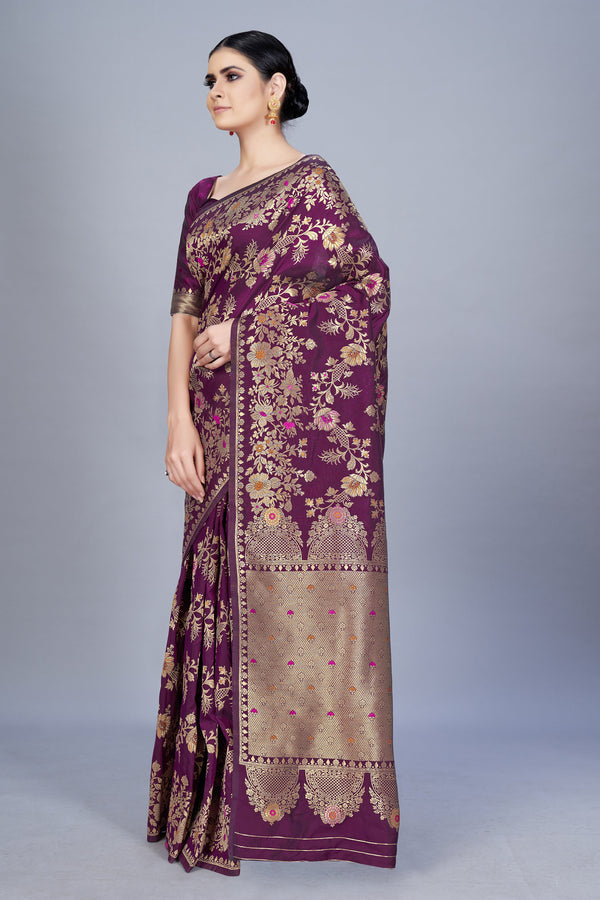 Women's Wine Color Banarasi silk Woven Saree - Monjolika