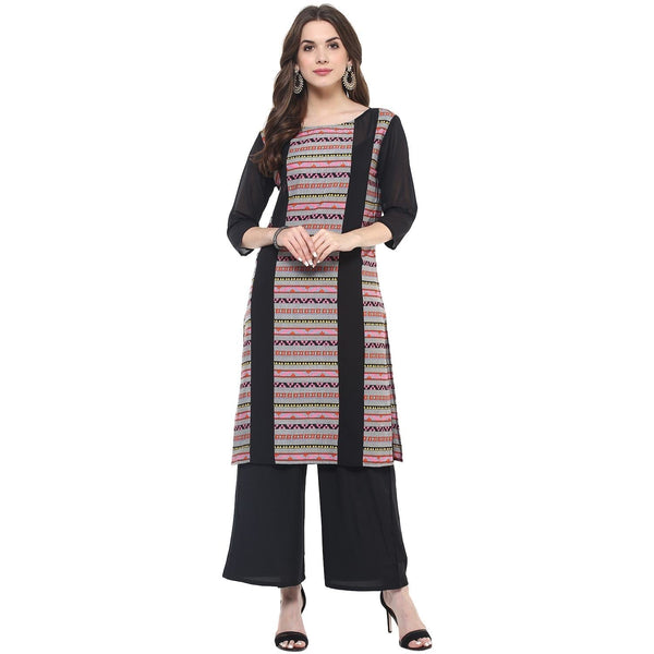 Women's Dull Border Print Sheer Panel Kurti - Pannkh