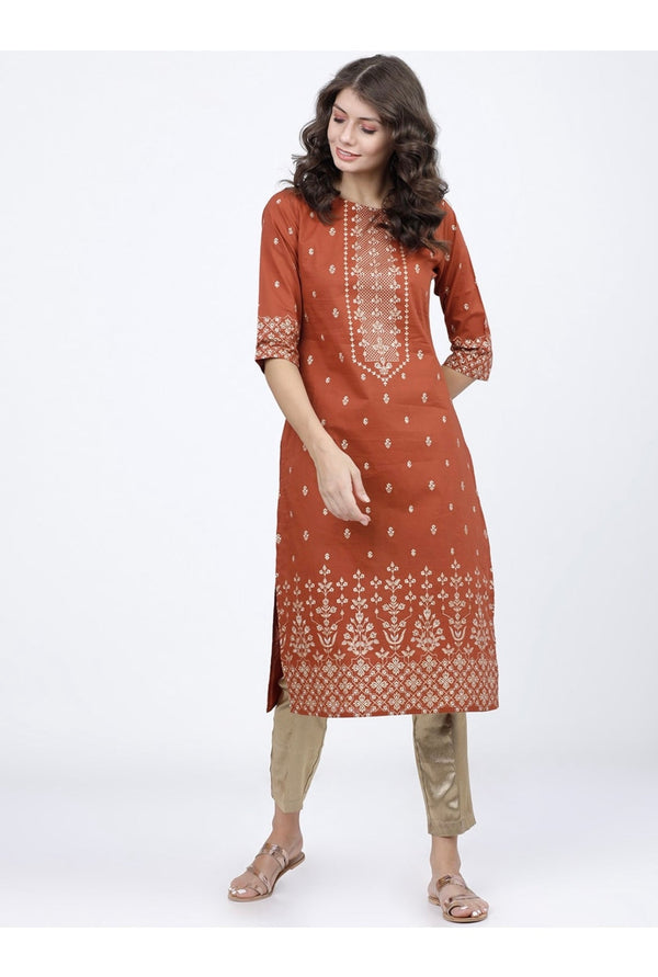 Women's Brown Embellished Daily Wear Cotton Blend Kurta - Cheera