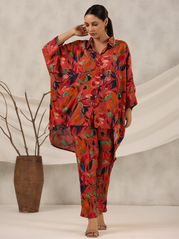 Jashvi Rust Floral Printed Muslin Tunic & Pants With Sequins work