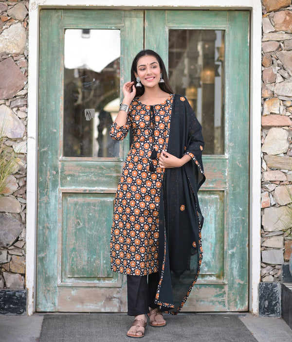 Women's Printed Cotton Lurex Kurta Palazzo Dupatta Set - Hatheli