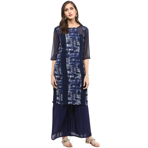 Women's Navy Sheer Panelled Kurta - Pannkh