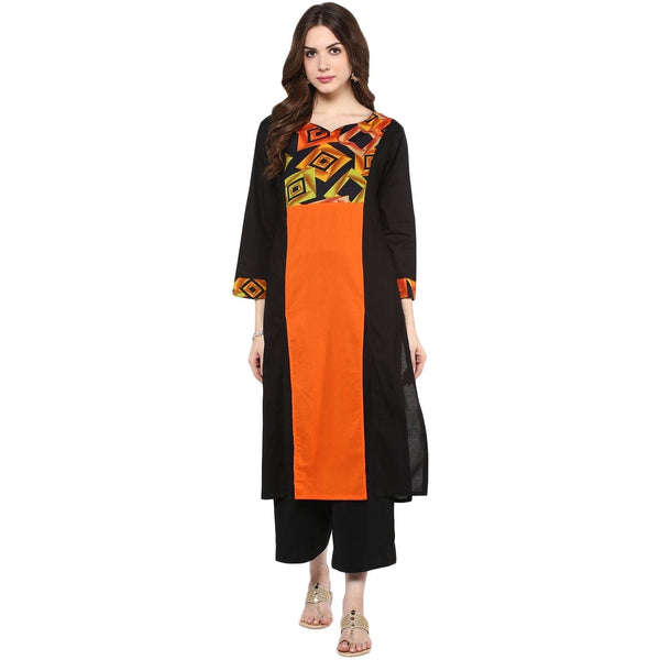 Women's Orange Block Print Kurta - Pannkh