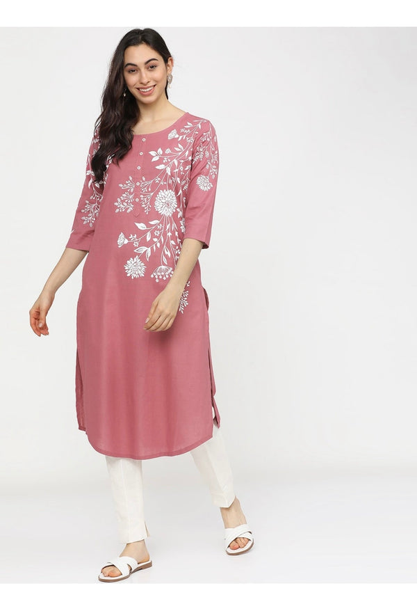 Women's Peach Embellished Daily Wear Cotton Blend Kurta - Cheera