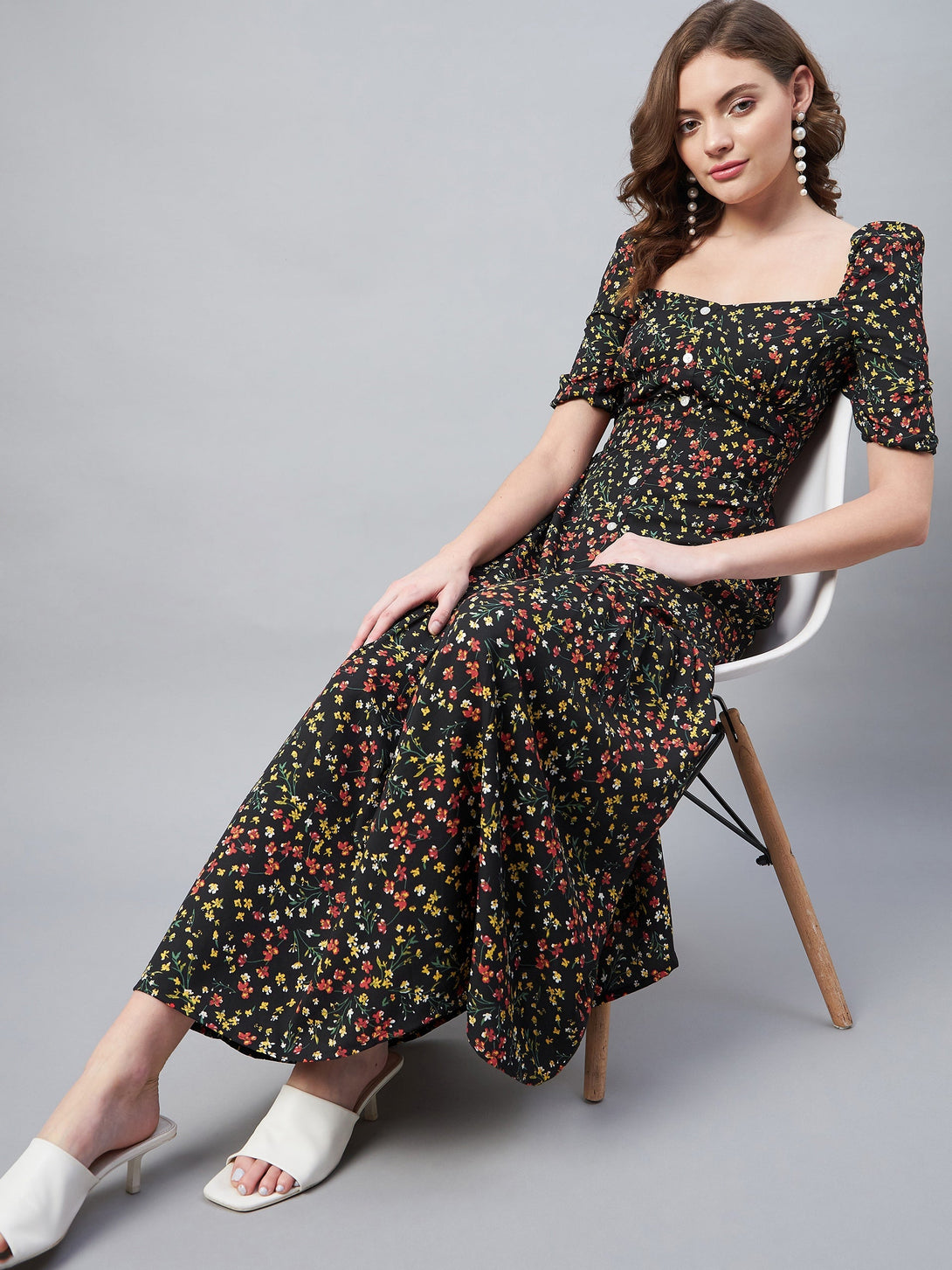 Women's Black Polyester Moss Floral Maxi Dress - StyleStone