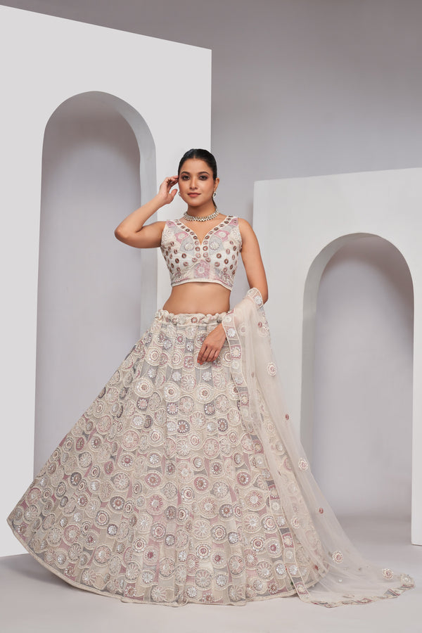 Women's Ivory/White Soft Net Lehenga Choli - Kesar Fab