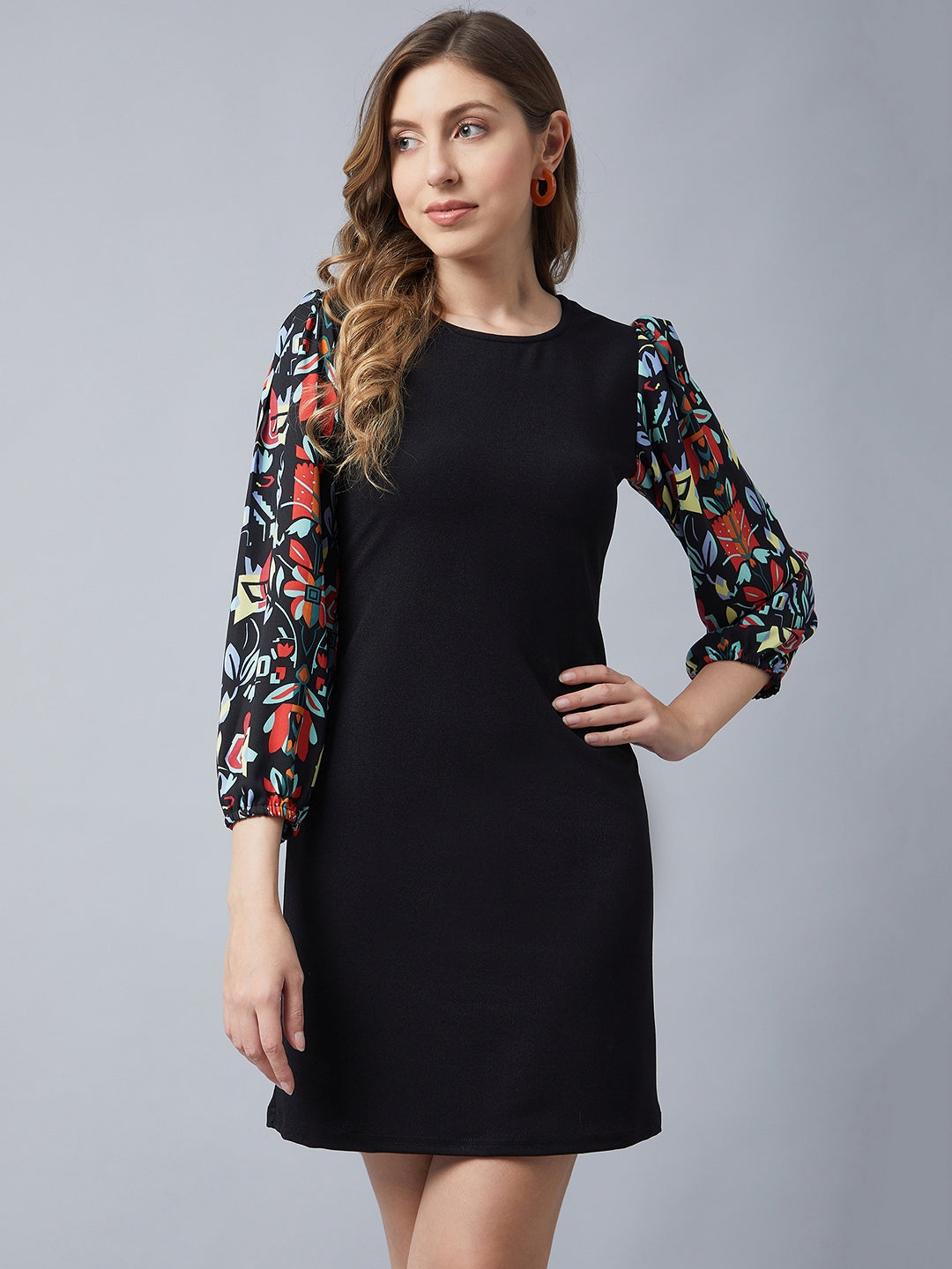 Women's Black Dress With Printed Balloon Sleeves - StyleStone