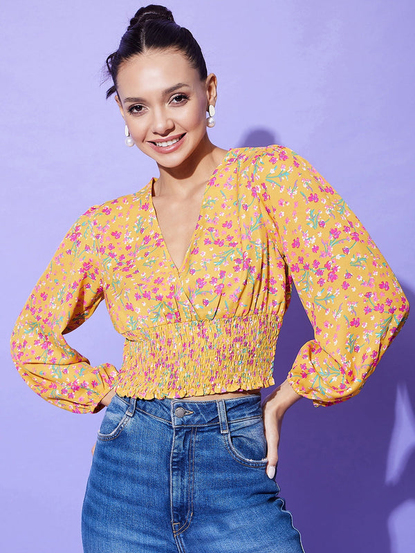 Women's Yellow Floral Top With Smocking Detail - StyleStone