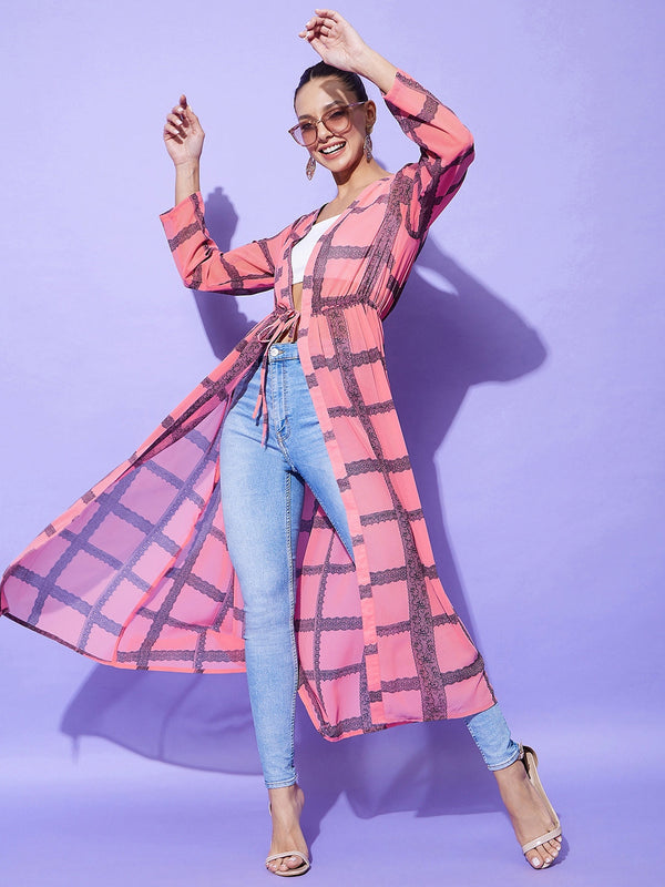 Women's Pink Check Long Shrug - StyleStone