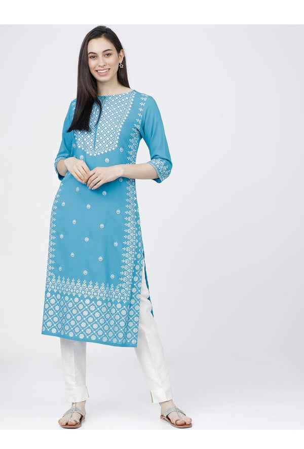 Women's Sky Blue Embellished Daily Wear Cotton Blend Kurta - Cheera