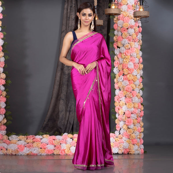 Women's Magenta Satin Saree With Embroidered Border - Boveee