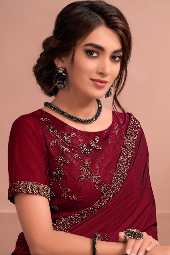 Wine Colored Crepe Embroidered Saree With Unstitched Blouse