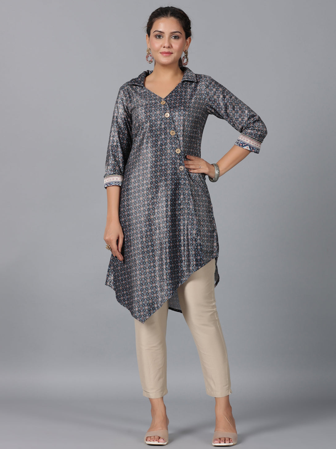 Women's Green Velvet Printed Asymmetric Kurta - Juniper