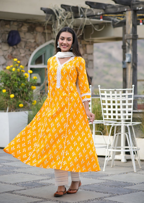 Women's Yellow Printed A Line Kurta - Hatheli