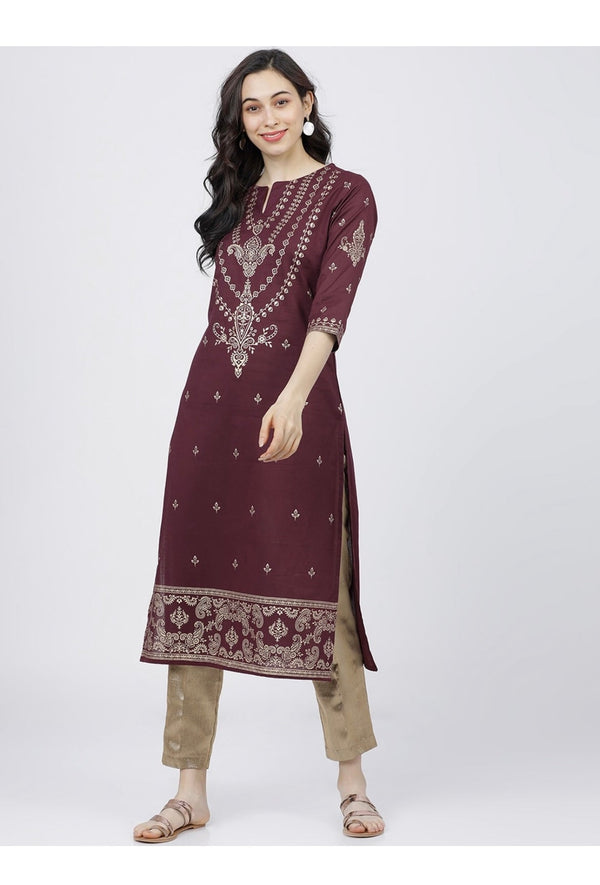 Women's Dark Brown Embellished Daily Wear Cotton Blend Kurta - Cheera