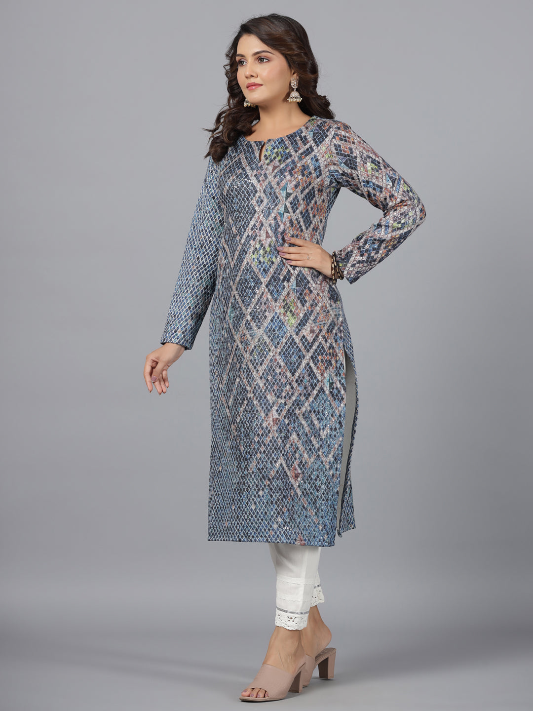 Women's Blue Printed Polyester Kurta - Juniper