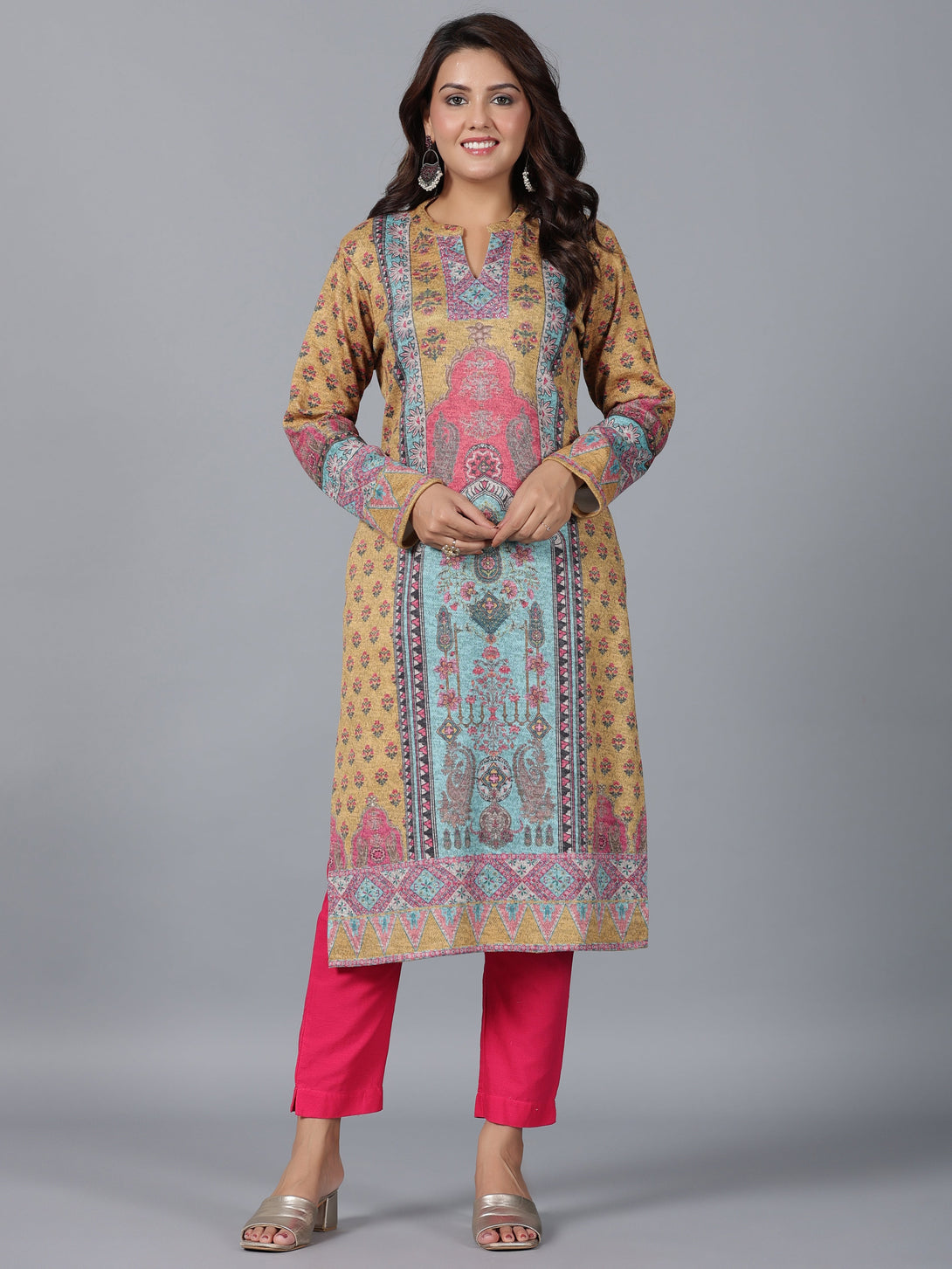 Women's Mustard Printed Woolen Straight Kurta - Juniper