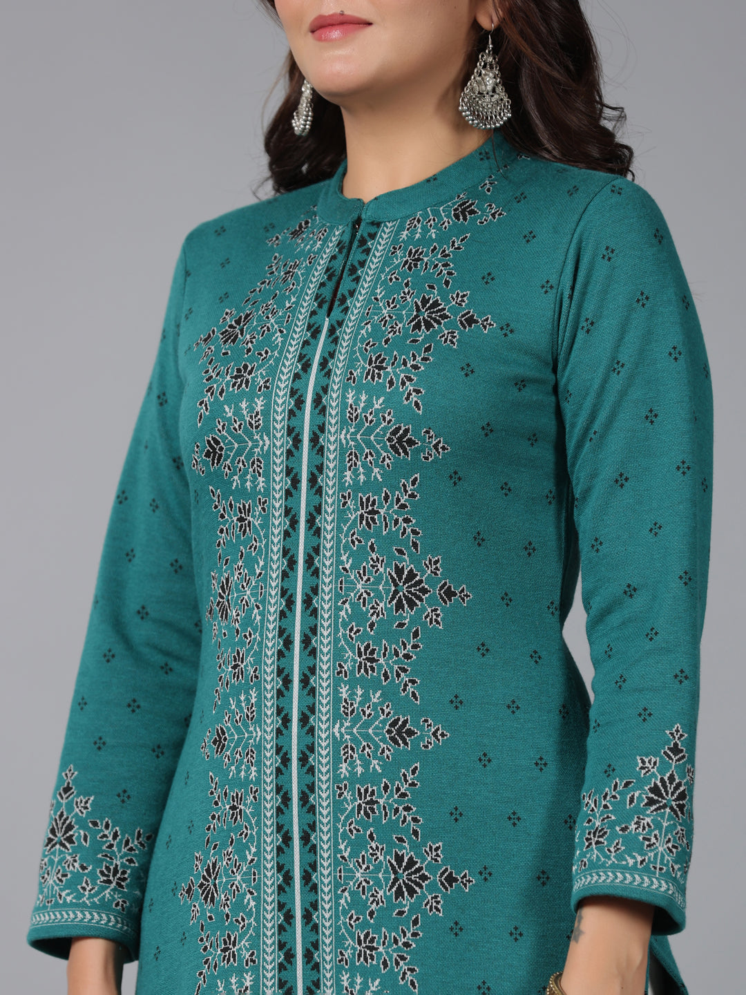 Women's Teal Printed Woolen Straight Kurta - Juniper