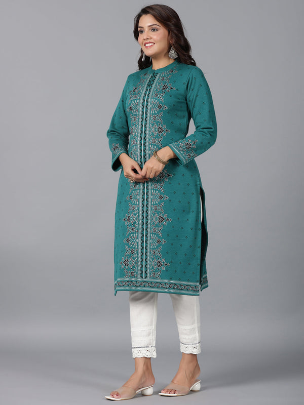 Women's Teal Printed Woolen Straight Kurta - Juniper