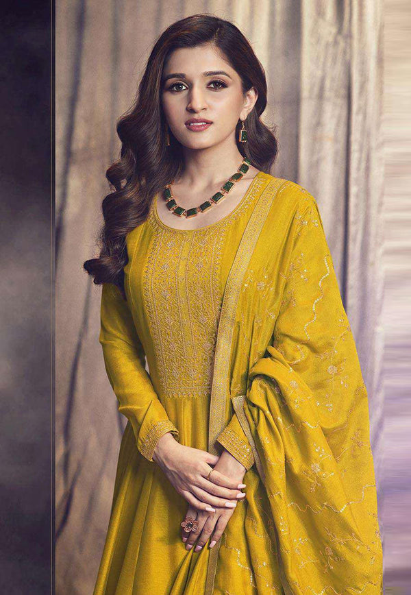 Women's Mustard Yellow Silk Designer Festival Wear Anarkali Suit  - Monjolika