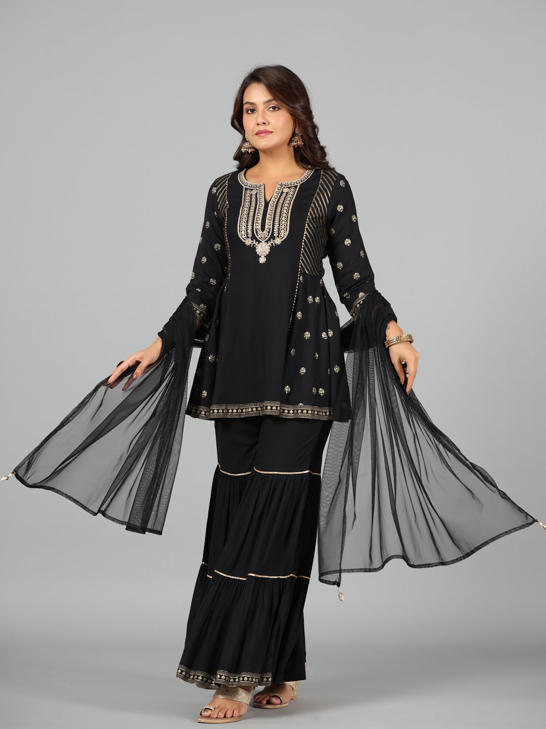 Women's Black Rayon Printed Kurta, Sharara & Dupatta Set - Juniper