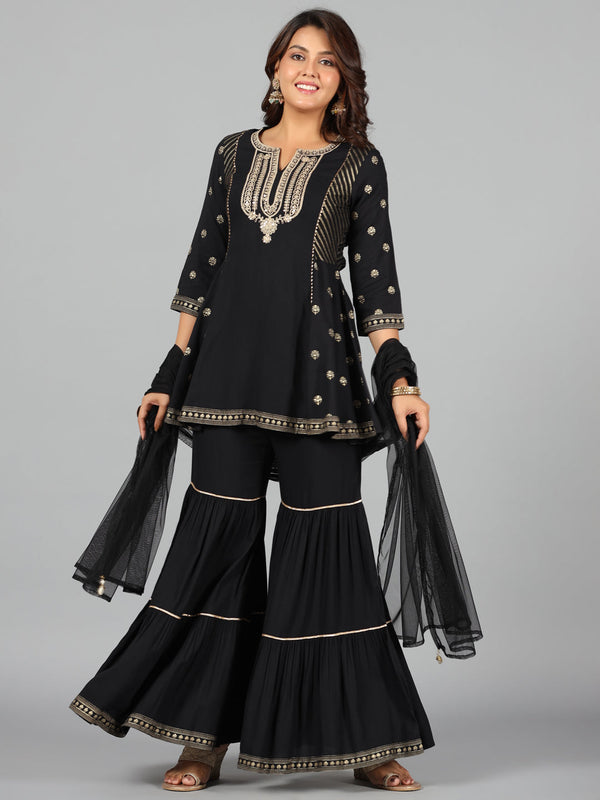 Women's Black Rayon Printed Kurta, Sharara & Dupatta Set - Juniper