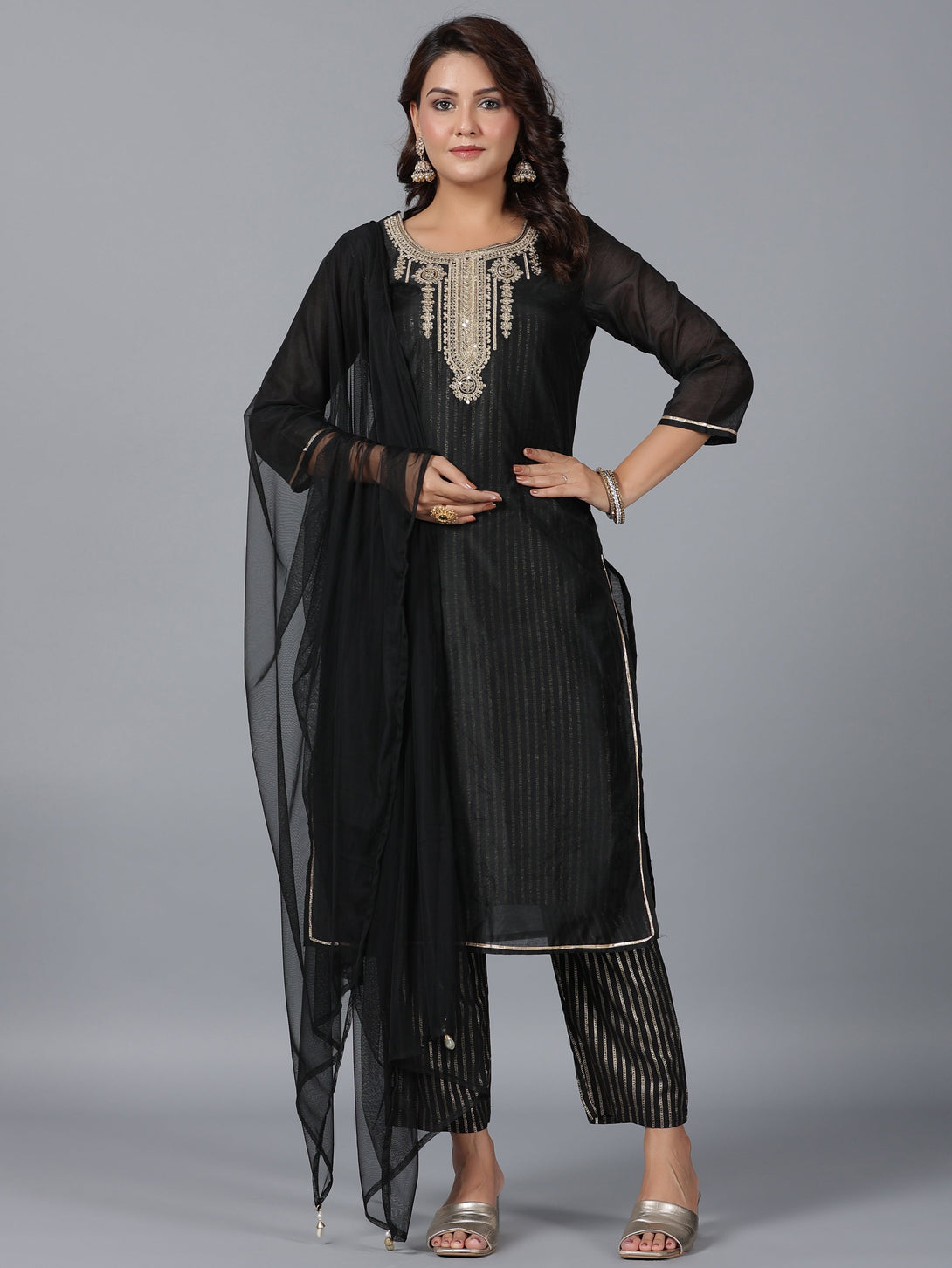 Women's Black Chanderi Printed With Embroidery Kurta, Pants & Dupatta Set - Juniper