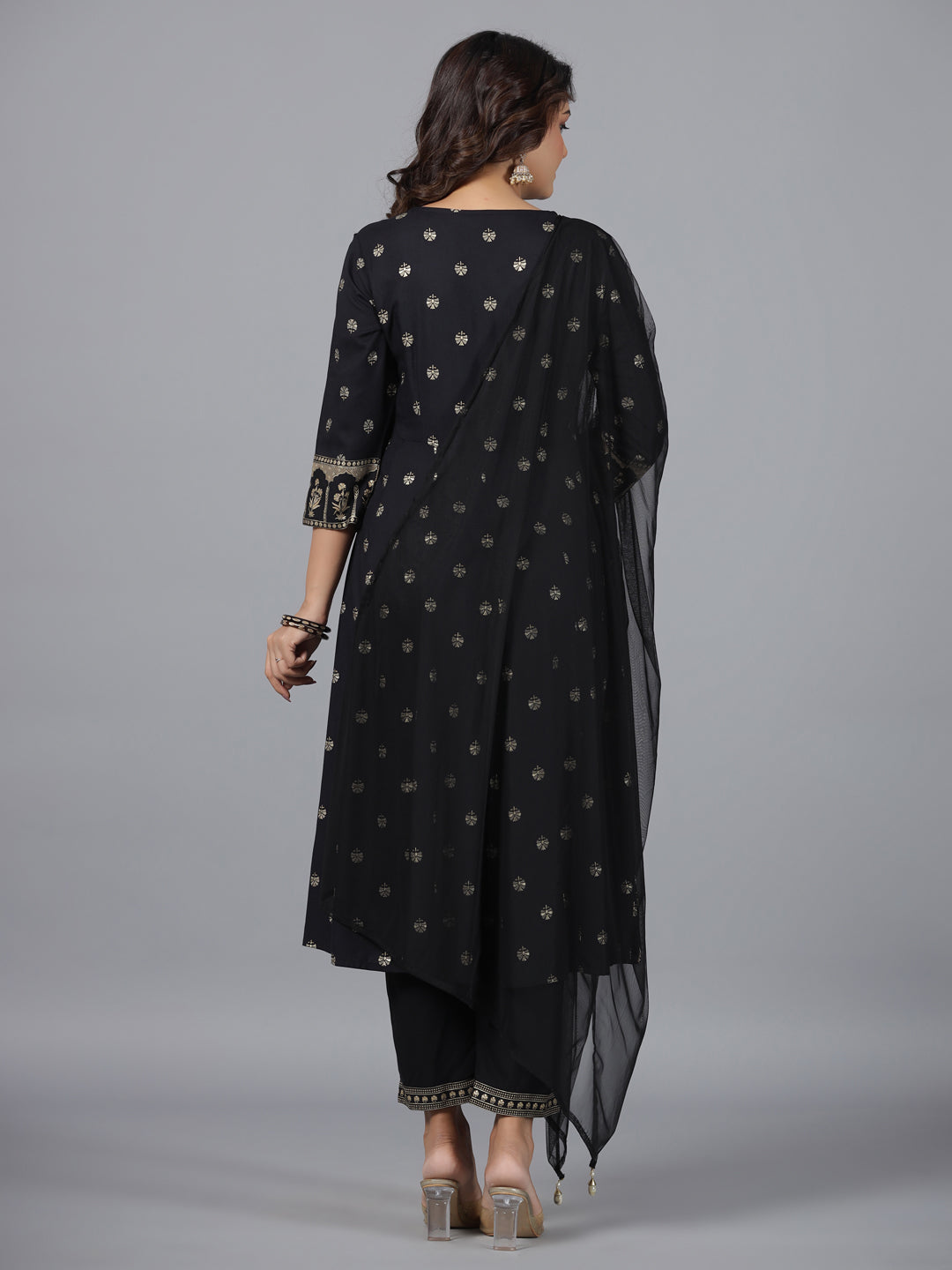 Women's Black Rayon Printed With Embroidery Kurta, Pants & Dupatta Set - Juniper