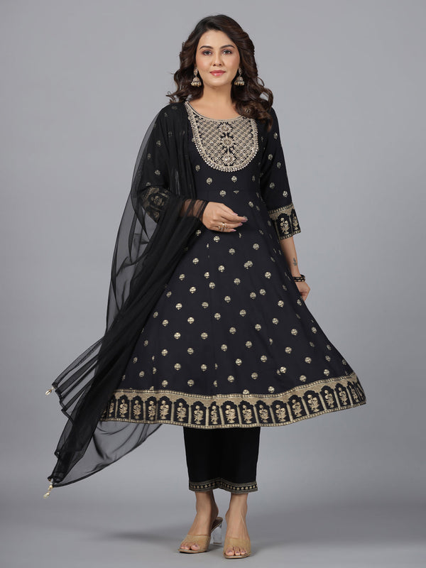 Women's Black Rayon Printed With Embroidery Kurta, Pants & Dupatta Set - Juniper