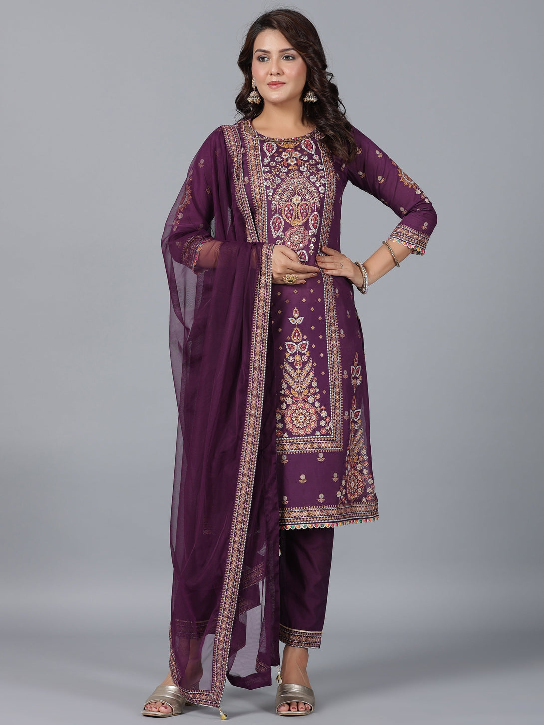 Women's Purple Chanderi Printed Kurta Pants & Dupatta Set - Juniper