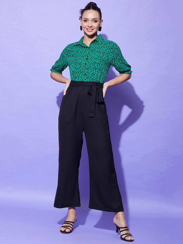 Women's Black And Green Polka Dot Jumpsuit - StyleStone