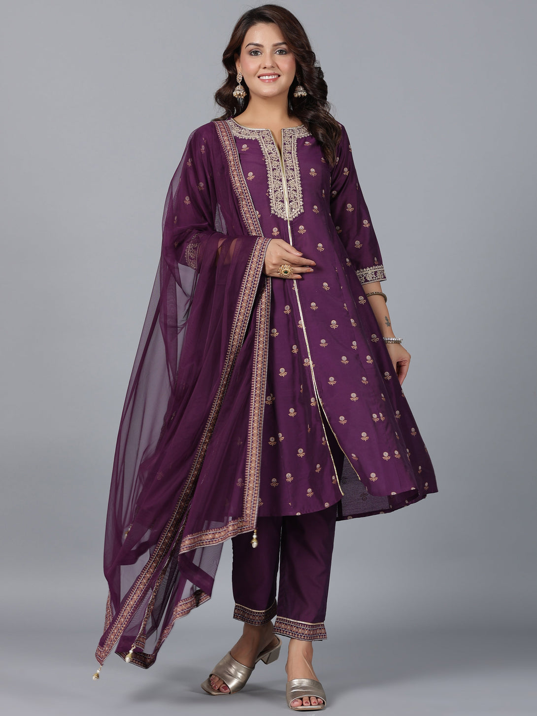 Women's Purple Chanderi Printed With Embroidery Kurta, Pants & Dupatta Sets - Juniper