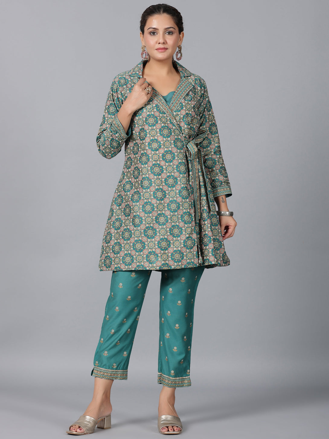 Women's Teal Chanderi Printed Clothing Set - Juniper