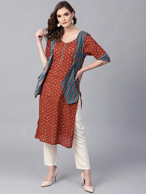 Women's Womens Slub Printed Jacket Style Kurta - Pannkh