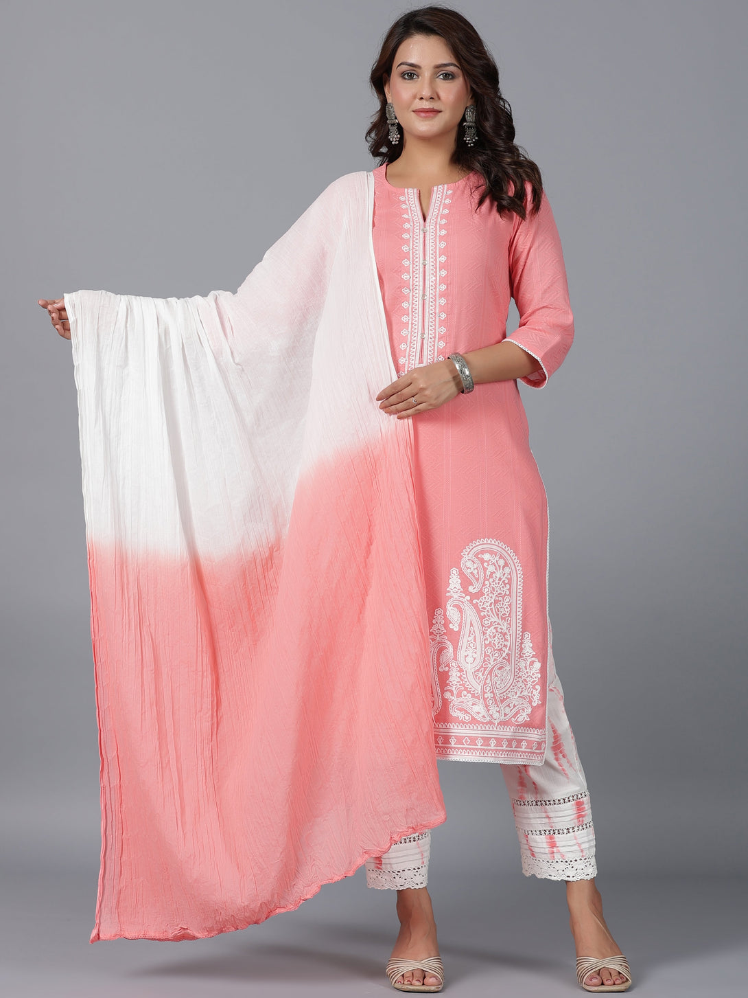 Women's Peach Cotton Dobby Embroidered Kurta, Pants & Dupatta Set - Juniper